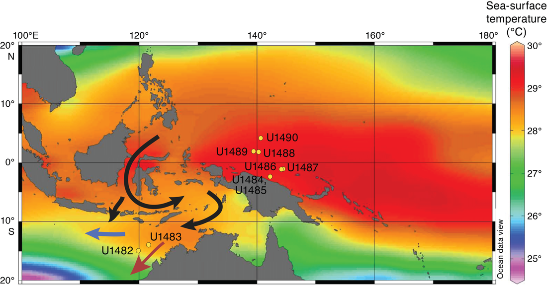 Map of the WPWP with sea-surface temperatures. The site I’m looking at is U1490.